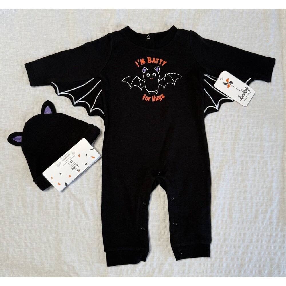 Baby Starters Halloween Batty Jumpsuit With Hat Black Size 6 Months Snap-on NWT